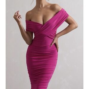 Club L London Fuchsia Pink Ruched Midi Dress